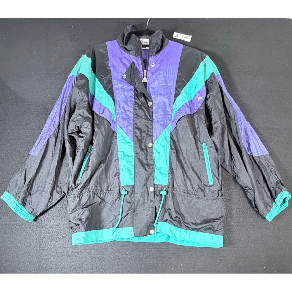 Vintage Casual Isle Colorblock Windbreaker Jacket Purple Teal Black Womens Large